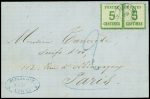 Alsace n°4 en paire OBL cachet provisoire bleu "Amiens poste 1871" sur lettre pour Paris (arrivée 11 fev 71) avec taxe allemande 2 en bleu (SPAL n°3). Rare