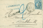 N°45 OBL GC 3816 + T17 "St Pierre les Calais (61)" (11 mars 71) sur lettre pour Abbeville avec taxe 2 au crayon bleu + griffe noire "taxe allemande" (50mm) d'Abbeville. TB