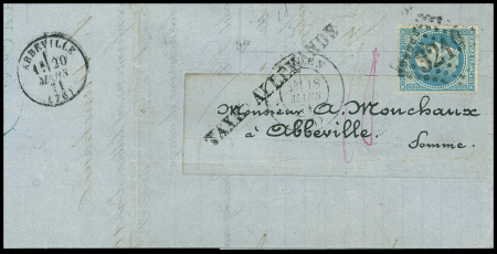 N°29 OBL GC 3219 + T16 Rouen (18 mars 71) sur lettre pour Abbeville avec griffe noire "taxe allemande" (50mm) d'Abbeville. TB