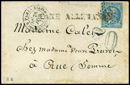 N°46 OBL étoile 39 + CAD "Paris R. des Ecluses St Martin" (2 fev 71) sur lettre pour Rue (Somme) avec griffe "taxe allemande" d'Amiens (62mm) + taxe allemande 20 double-trait en bleu. Ensemble RR