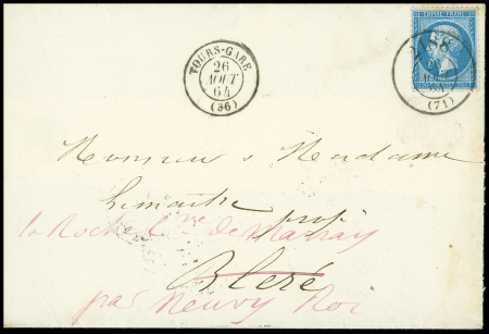 INDRE-ET-LOIRE n°22 OBL bureau de passe 2188 type A (Le Mans) + T15 Tours-Gare (1864) sur lettre, ind 19. Jolie pièce