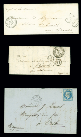 3 lettres : n°29 OBL PC du GC 3997 + T15 "Gare de Tours" (1867 - ind 10) - LST avec CAD "boite gare Tours Bau AMBT 1" (1852) + taxe 25 double trait (1852) et LST avec CAD "boite gare Tours Bau AMBT 1" (1854)
