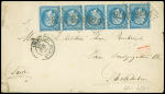 N°22, bande de 5 avec dentelure coupée aux ciseaux par l'expéditeur, OBL GC 1076 + T15 Colmar (1865) sur lettre pour Stockholm (Suède) avec au verso CAD de transit et d'arrivée