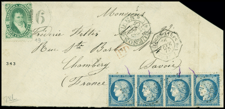 N°60 en bande de 4 OBL ancre + CAD octogonal "Buenos Ayres PAQ. FR. J n°6" (1875) sur devant de lettre avec Argentine n°19