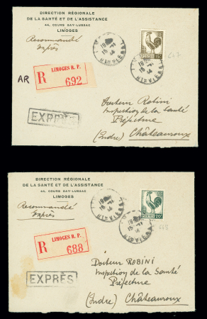 2 lettres recommandées exprès AFF respectivement n°647 et n°648, 15F et 20F Coq d'Alger OBL Limoges (15.11.1944 - 1er jour d'émission) (pas au tarif). TB