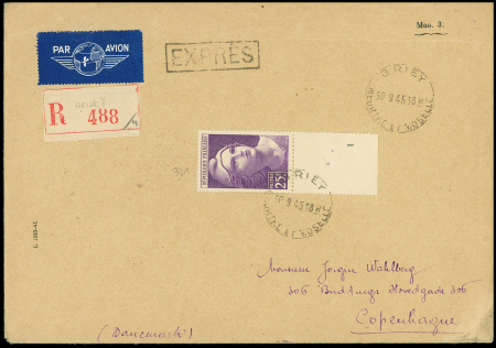 N°731, 25F Gandon violet OBL Briey (1945) seul sur lettre recommandée exprès avion pour Copenhague. TB