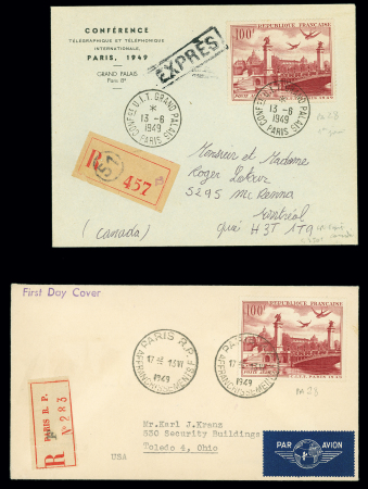 2 lettres AFF PA n°28, 100F CITT OBL 13.6.49 (1er jour) dont une lettre recommandée exprès pour le Canada. TB