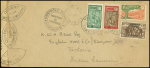 Cameroun n°129 + 135 + 136 + 225 OBL horoplan de Yaounde (1942) sur lettre censurée pour Victoria avec au verso joli CAD d'arrivée "Victoria - Cameroons under british mandate". TB