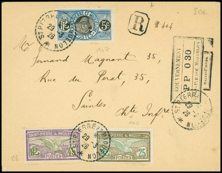 N°88 + 110 + 107 OBL CAD tireté "St Pierre et Miquelon" (1926) sur env. recommandée avec marques rect "PP 030 Saint Pierre". TB