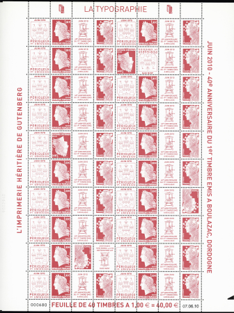 N°4459 à 4464 40ème anniversaire de l'imprimerie de Boulazac, série de 4 feuilles de 40 timbres, neufs **, TB