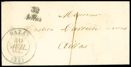GIRONDE cursive "32 Aillas" + T13 Bazas (1846), ind 16. TB