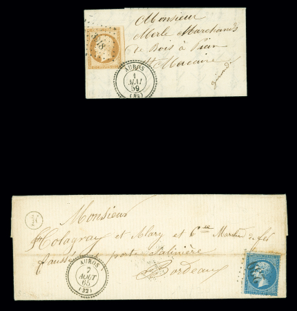 2 lettres - n°13 OBL PC 3918 + T22 Auros (1859) et n°22 OBL GC 239 + T22 Auros (1865) (ind 16 et ind 12). TB