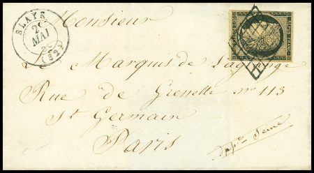 N°3 OBL grille + T15 Blaye (1850) sur lettre, ind 18. TB