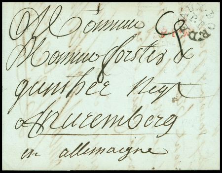 Lettre avec marque circulaire "PP Bordeaux" (1789) pour Nuremberg (Lenain n°27), ind 22. TB