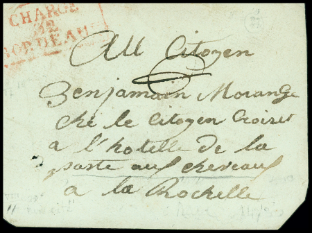 Lettre non datée de Bordeaux pour La Rochelle avec marque encadrée rouge "Chargé 32 Bordeaux", ind 22. rare et TB