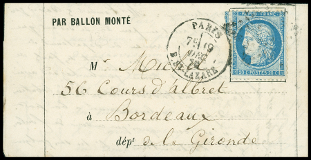 N°37 OBL étoile 2 +  CAD "Paris R. St Lazare" (19 dec 70) sur ballon monté pour Bordeaux (arrivée 3.12.70 - Le Lavoisier). TB