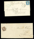 N°60 OBL losange de points "QN" + CAD ambulant "Quimper à Nantes" (1874) sur lettre pour Bordeaux avec au verso CAD rouge "Bordeaux poste restante" et n°54 OBL CAD "Bordeaux affranchissements" (1876) sur lettre ouverte