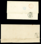 N°60 OBL losange de points "QN" + CAD ambulant "Quimper à Nantes" (1874) sur lettre pour Bordeaux avec au verso CAD rouge "Bordeaux poste restante" et n°54 OBL CAD "Bordeaux affranchissements" (1876) sur lettre ouverte
