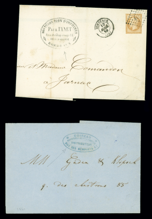 4 imprimés de Bordeaux transportés par Corbillard (Estafette du commerce - Goireau - Maison Amic - Paul tanet) dont n°13 OBL PC 441 + T15 Bordeaux (1859) + cachet ovale noir "Distribution d'imprimés Paul Tanet Bordeaux".