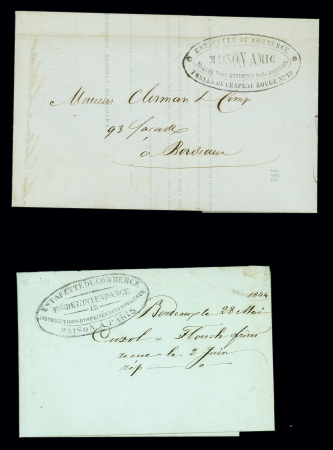 4 imprimés de Bordeaux transportés par Corbillard (Estafette du commerce - Goireau - Maison Amic - Paul tanet) dont n°13 OBL PC 441 + T15 Bordeaux (1859) + cachet ovale noir "Distribution d'imprimés Paul Tanet Bordeaux".