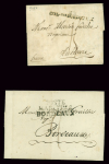 Lettre de Gonayves (Saint-Domingue) pour Rennes avec MP d'entrée "32 col. Par Bordeaux" et lettre de Philadelphie pour Bordeaux avec MP sur 3 lignes "Poste maritime Bordeaux" (1803) - Salles n°32 (ind 15) et n°21