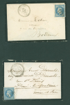 N°29 OBL GC 1438 + T22 Etauliers (1868) sur une petite env de deuil et n°29 OBL GC 1438 + T24 Etauliers (1870) sur env de deuil, ind 13 chaque . TB