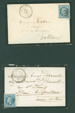 N°29 OBL GC 1438 + T22 Etauliers (1868) sur une petite env de deuil et n°29 OBL GC 1438 + T24 Etauliers (1870) sur env de deuil, ind 13 chaque . TB
