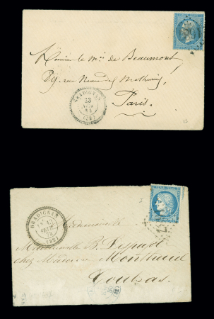 2 lettres : n°22 OBL GC 1687 + T22 Gradignan (1864) et n°60 OBL GC 1687 + T24 Gradignan (1873) , ind 13 chaque. TB