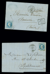 2 lettres de Langon dont n°29 OBL GC 1945 + T15 Langon (1868) + marque encadrée "Après le départ 1945", ind 15. TB