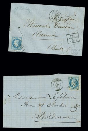 2 lettres de Langon dont n°29 OBL GC 1945 + T15 Langon (1868) + marque encadrée "Après le départ 1945", ind 15. TB