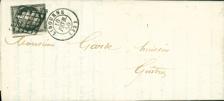 N°3 OBL grille + T15 Libourne (1850) sur lettre, ind 12. TB