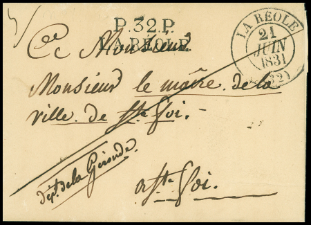MP "P 32 P La Réole" + T13 La Réole (1831) sur la même lettre, bonne association