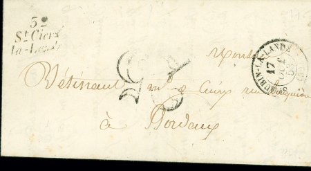 Lettre avec cursive "32 St Ciers La lande" + T15 "St Aubin la Lande" (1853) + taxe 25 double-trait, ind 17. TB