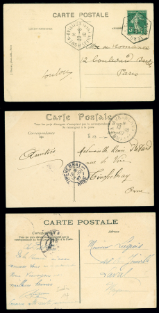 3 cartes postales avec OBL temporaires : "St Malo kermesse" (9.3.1905 - rare), "Avranches kermesse" (1907), "Rouen-aviation" (20.6.10)