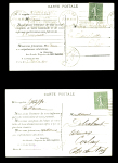 2 cartes postales du Bon Marché AFF n°130f, 15c semeuse lignée type 6 de roulette (1924). TB