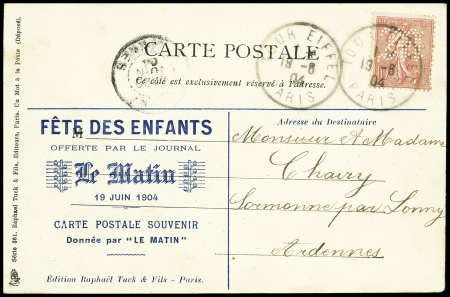 N°129 OBL rare CAD temporaire "Tour Eiffel Paris" (19.6.1904) sur carte postale de la fête des enfants du journal Le Matin. TB