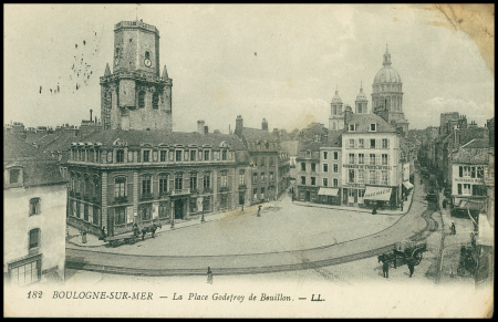 Carte postale en franchise de Boulogne sur Mer avec cachet violet "Région du Nord réquisition de guerre des chevaux président de la commission" (1918). TB