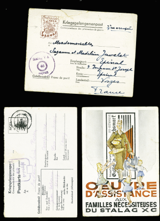 5 entiers postaux illustrés de stalags dont Noël 1943 (sapin de Noël) et Noël 1942 au service du Maréchal et entraide 1944 Pâques (aller + réponse). Bel ensemble