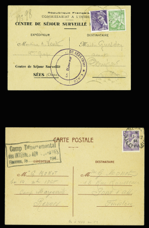2 cartes postales imprimées des camps d'internement  pour collaborateurs de Sées (Orne) et de Rennes (oct et dec 1944). AFF type Iris. TB