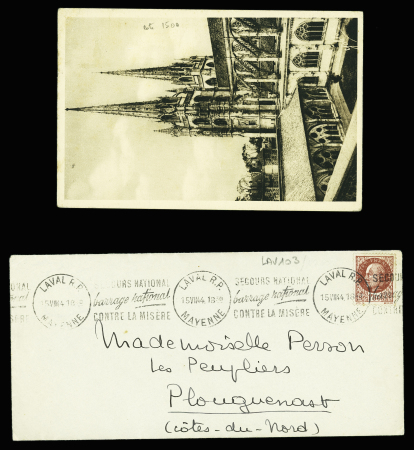 1 lettre et 1 CP AFF type Pétain OBL rares flammes continues "Secours national barrage national contre la misère" de Bayonne (juin 1944) et Laval RP (juillet 1944). TB