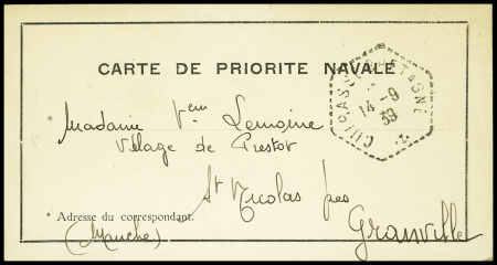 Petite carte de priorité navale avec CAD hexagonal pointillé "Cuirassé Bretagne" (14.9.39). TB
