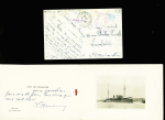 Carte postale en franchise de Dairen (Mandchourie - 1933) avec griffe violette "Le sloop Algol" et cachet violet avec ancre "Marine française service à la mer" + carte de vœux dépliante avec photo de l'aviso Algol (Noël