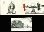 Carte postale en franchise de Dairen (Mandchourie - 1933) avec griffe violette "Le sloop Algol" et cachet violet avec ancre "Marine française service à la mer" + carte de vœux dépliante avec photo de l'aviso Algol (Noël