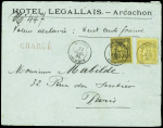 N°92 + 93 OBL CAD "Guichet Arcachon" (1885) sur lettre chargée (VD 300F). TB