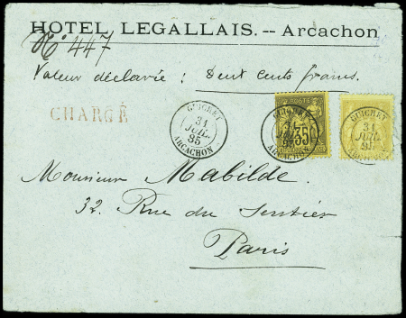 N°92 + 93 OBL CAD "Guichet Arcachon" (1885) sur lettre chargée (VD 300F). TB