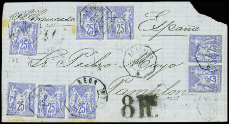 N°78, 8 pièces, OBL CAD octogonal "La Guayra *" (1877) sur devant de lettre pour Pampelune (Espagne). B / TB