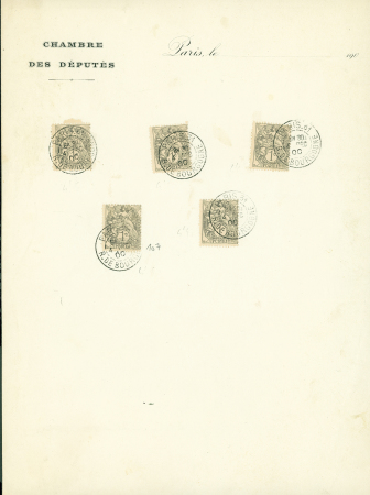Type Blanc - N°107, 5 pièces, OBL CAD "Paris 31 R. de Bourgogne" (4 dec 1900 - vente anticipée au bureau desservant l'Assemblée Nationale) sur feuillet à en-tête de la Chambre des députés. Rare et TB