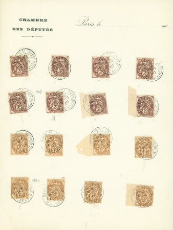 Type Blanc - n°108, 8 pièces + n°110, 8 pièces OBL CAD "Paris 31 R. de Bourgogne" (4 dec 1900 - vente anticipée au bureau desservant l'Assemblée nationale) sur feuillet à en-tête de la Chambre des députés. Rare et TB
