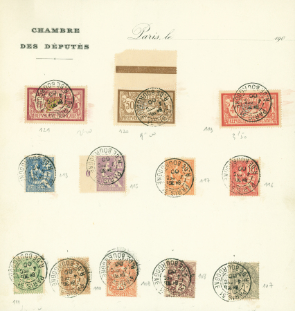 Types Blanc - Mouchon - Merson n°107 à 111 + 115 à 118 + 119 à 121 OBL CAD "Paris 31 R. de Bourgogne" (4 dec 1900 - vente anticipée au bureau desservant l'Assemblée nationale)