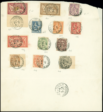 Types Blanc - Mouchon - Merson n°107 à 111 + 115 à 118 + 119 à 121 OBL CAD "Paris 31 R. de Bourgogne" (4 dec 1900 - vente anticipée au bureau desservant l'Assemblée nationale) sur feuille partiel. Rare et TB